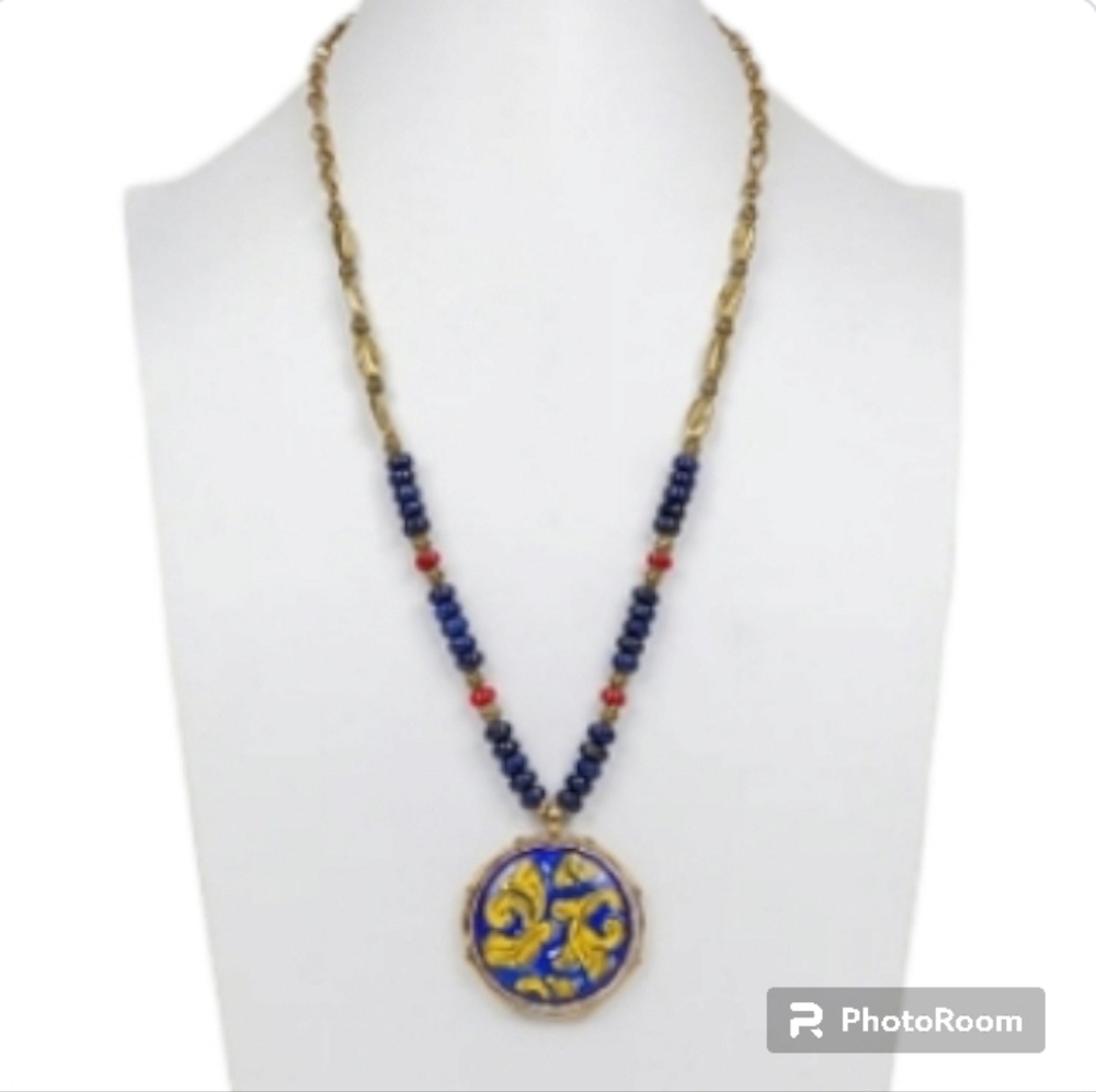 Patricia Nash Positano Beaded Ceramic Pendant Necklace Coral & Lapis - Picture 2 of 10